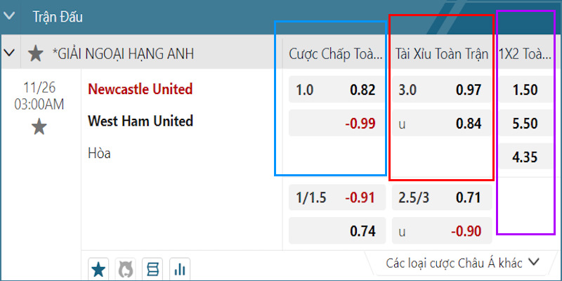 Ví dụ về cách đọc kèo bóng đá trên bảng tỷ lệ cơ bản